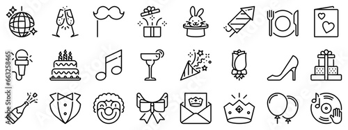 Icon set about party. Line icons on transparent background with editable stroke.