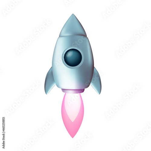 Fototapeta Naklejka Na Ścianę i Meble -  Vector cartoon illustration of flying gray metallic space ship with flame on white color background. 3d style design of business startup symbol