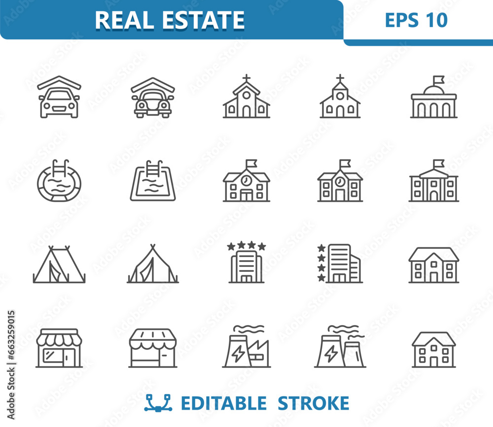 Buildings Icons. Real Estate, Garage, Church, School, Pool, Tent, Hotel, House, Shop, Factory