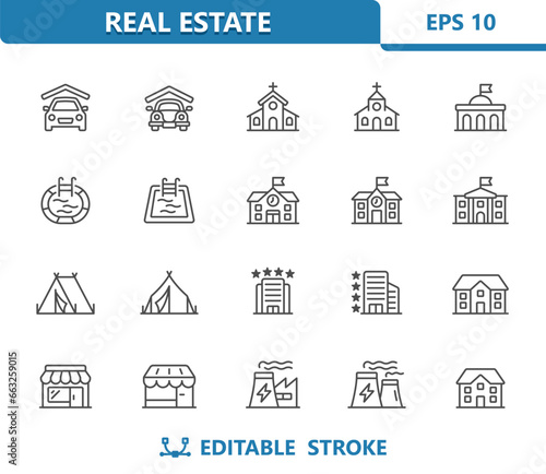 Buildings Icons. Real Estate, Garage, Church, School, Pool, Tent, Hotel, House, Shop, Factory