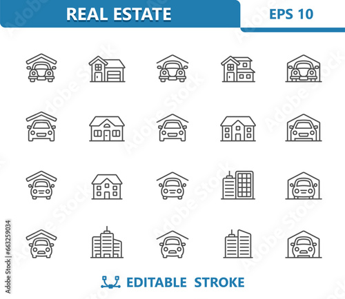 Real Estate Icons. Garage, Car Park, House, Home, Mansion, Apartment Building
