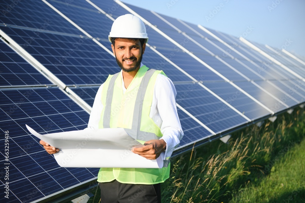 Portrait of Young indian man technician wearing white hard hat standing near solar panels against blue sky.Industrial worker solar system installation, renewable green energy generation concept. Portrait of Young indian man technician wearing white hard hat standing near solar panels against blue sky.Industrial worker solar system installation, renewable green energy generation concept.