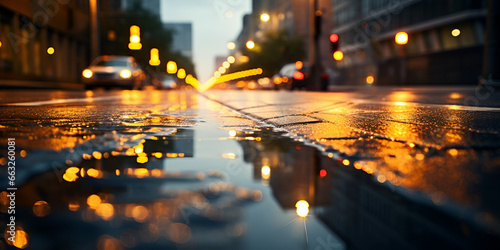 City road on a rainy day background with street lights, Macro closeup of wet street pavement at night with reflection of golden lantern lights background asphalt, GENERATIVE AI 