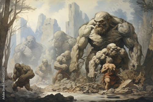 Massive trolls with boulders for fists - Generative AI photo