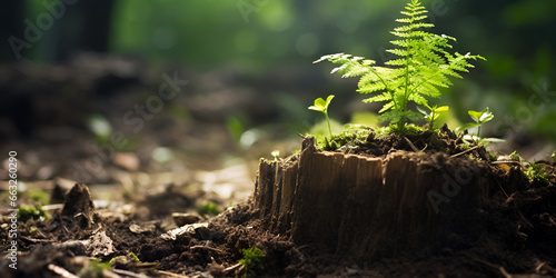 Beautiful little green young plant growing on plentiful soil and sunlight in the tropical , Closeup of a young fir tree sprouting in the forest other tree ,generative ai
