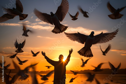 The Silhouette of a Pigeon Returning to Outstretched Hands in Vibrant Sunlight at Sunrise or Sunset