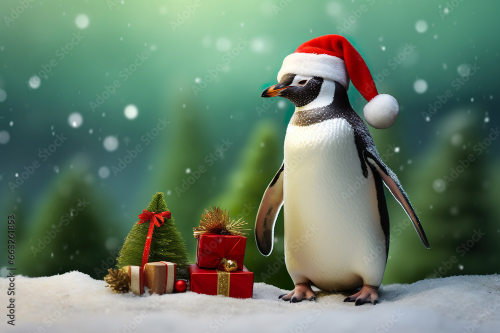 Penguin in christmas hat with gift boxes Penguin in christmas hat with gift boxes