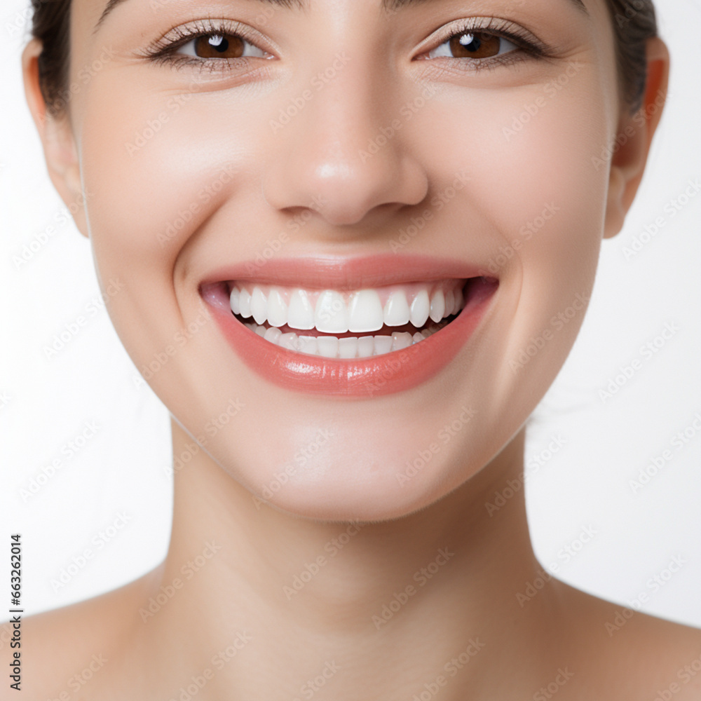 Fototapeta premium Smile. Happy laughing young beautiful woman, positive expressions. Open happy female face with charismatic smile. AI generated. 