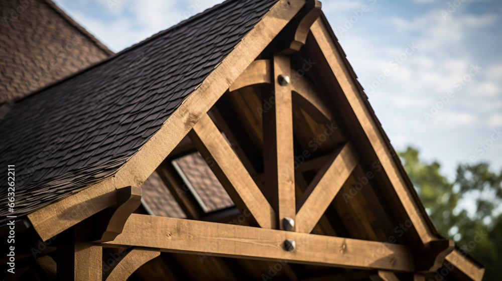A detailed view of the gables roof on a newly construe - obrazy, fototapety, plakaty 