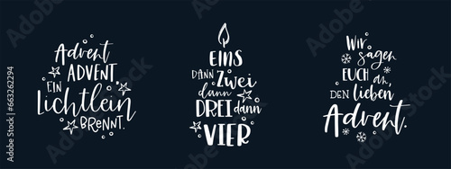 Collection of vector handwritten Advent calligraphic lettering text in German language for example "Happy first Advent" Great for calendar, greeting card, poster. Religious nativity.
