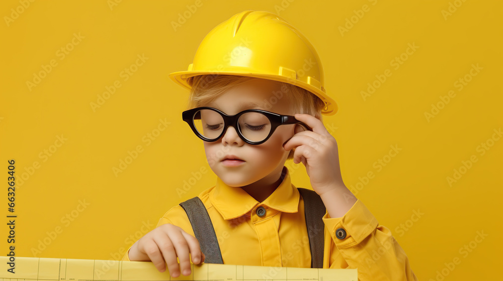 child wearing builder uniform isolated on yellow background child wearing builder uniform isolated on yellow background