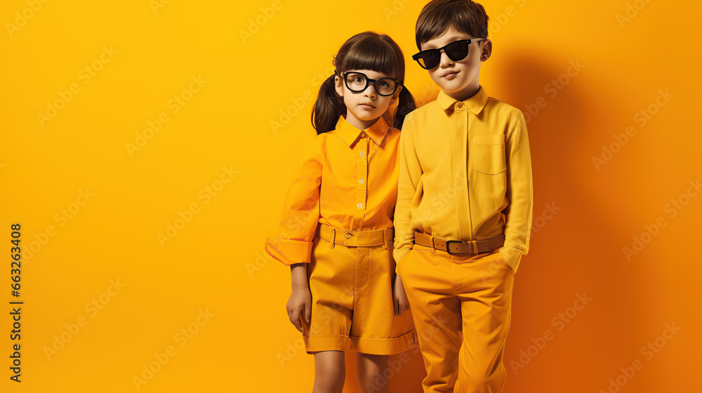 kids standing against yellow background kids standing against yellow background