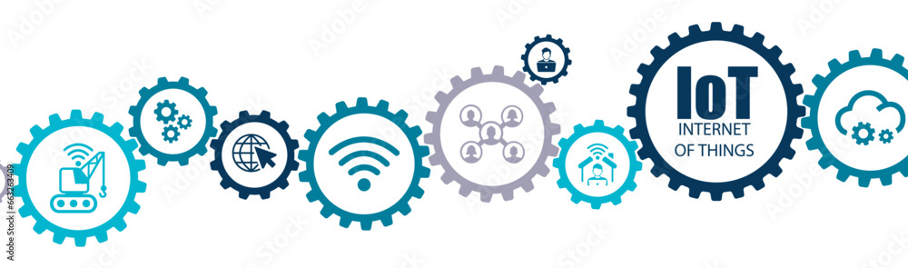 IoT internet of things banner vector illustration with icons of digital transformation, software, system engineer, wireless connection, data exchange, smart home, industry 4.0, cloud, connected device