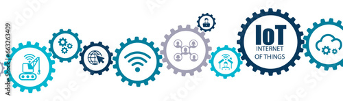 IoT internet of things banner vector illustration with icons of digital transformation, software, system engineer, wireless connection, data exchange, smart home, industry 4.0, cloud, connected device