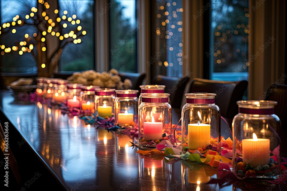 Candles in glass jars lined up on long table and fairy light decoration in background. 