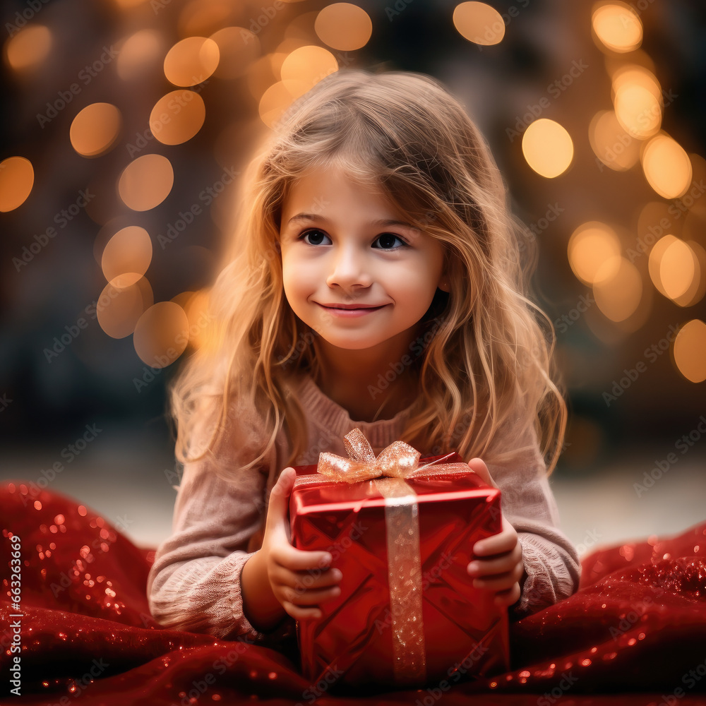 niña sentada en el suelo sosteniendo un regalo de navidad entre las manos con fondo desenfocado dorado, concepto navidad niña sentada en el suelo sosteniendo un regalo de navidad entre las manos con fondo desenfocado dorado, concepto navidad