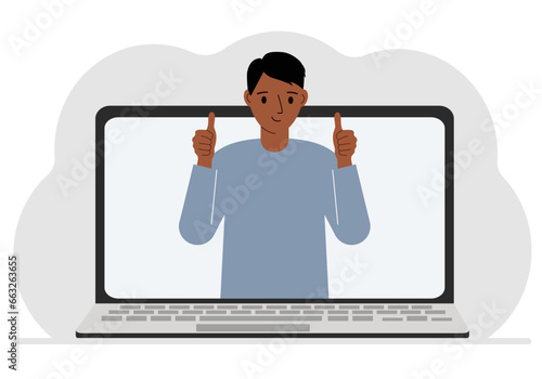 Man communicates via videoconference through laptop screen. The concept of online meetings, webinars, remote work or work from home.