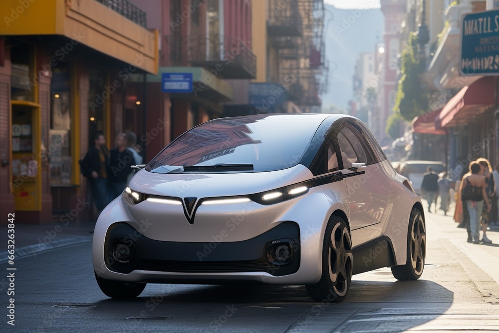 Small Compact Electric Car Navigating City Streets Created with Generative AI