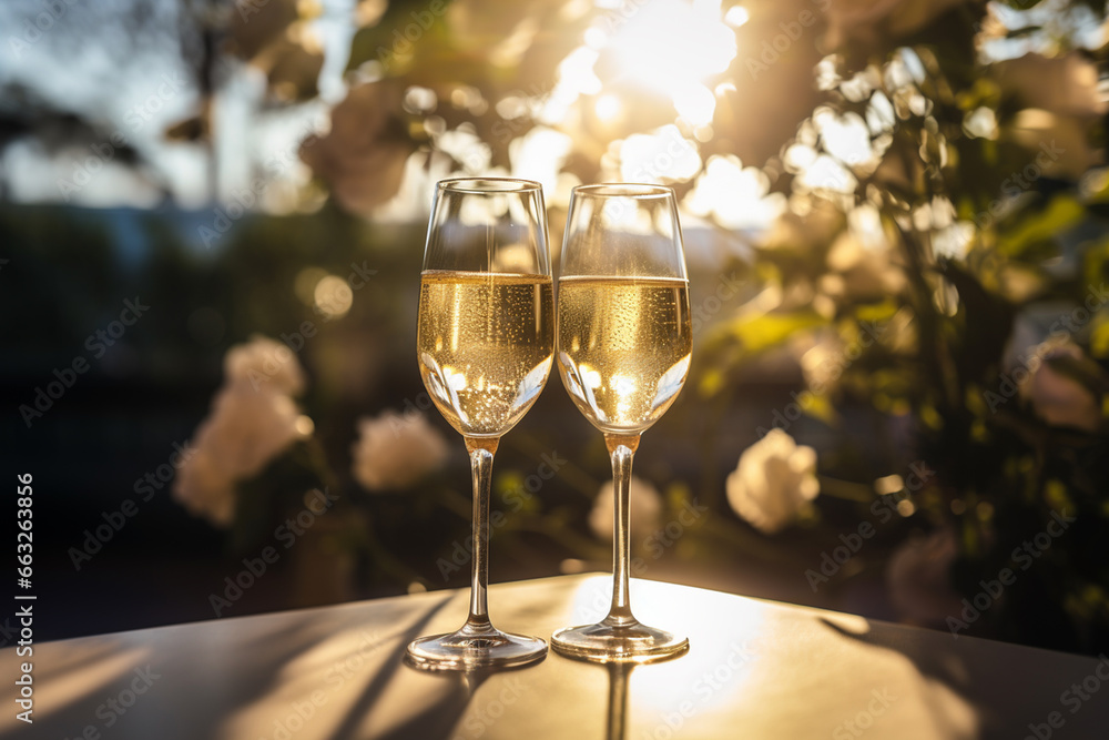 two glasses of champagne on the table two glasses of champagne on the table