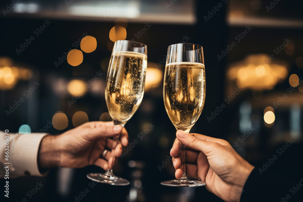  two glasses of champagne in hand in restaurant