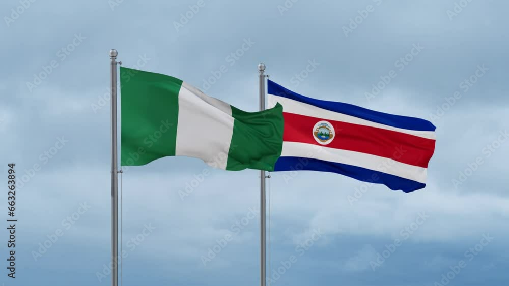 Costa Rico and Nigeria flag waving together on cloudy sky, endless seamless loop, two country cooperation concept Costa Rico and Nigeria flag waving together on cloudy sky, endless seamless loop, two country cooperation concept