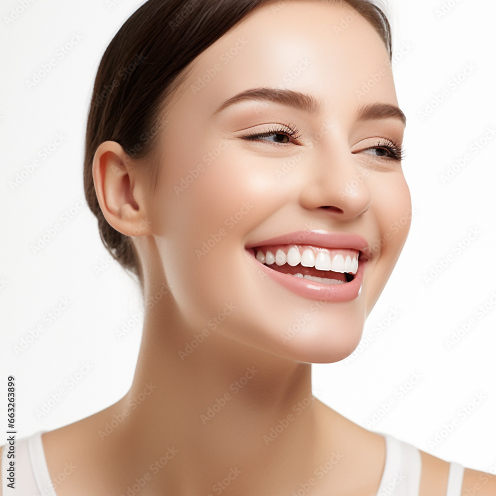 Obraz premium Happy laughing young beautiful woman, positive expressions. Open happy female face with charismatic smile. AI generated. 