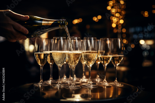 glasses of champagne on the table with bottle