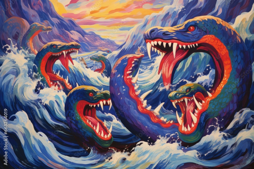 Fototapeta premium Gigantic sea serpents slithering through treacherous waters - Generative AI