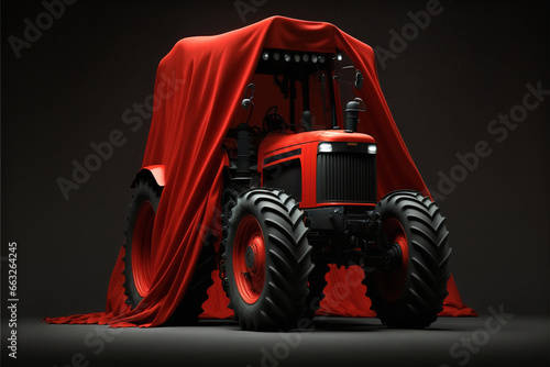 3D Rendering of Tractor Shrouded in Vibrant Red Cloth Against a Dramatic Black Background photo