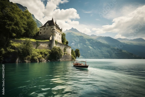 A boat near mountains and an ancient fortress in Switzerland, a renowned destination for vacation and serenity. Generative AI