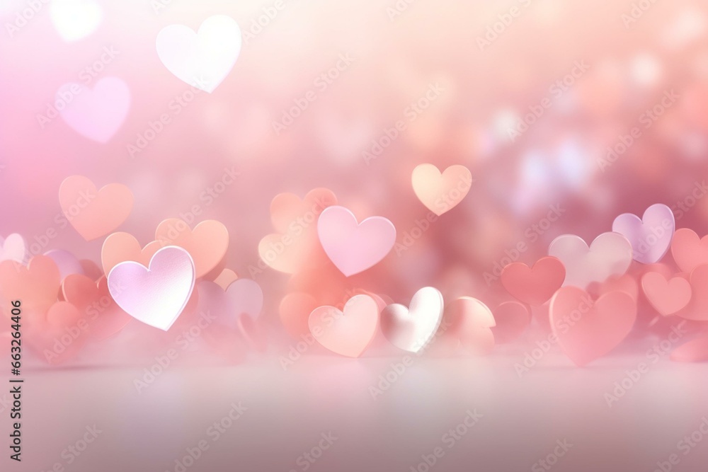 Background with pink pastel hearts, Valentine's Day banner, bokeh hearts, love pattern, spring tones poster. Generative AI