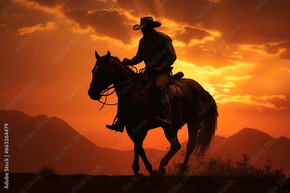 Silhouette of a cowboy at sunset
