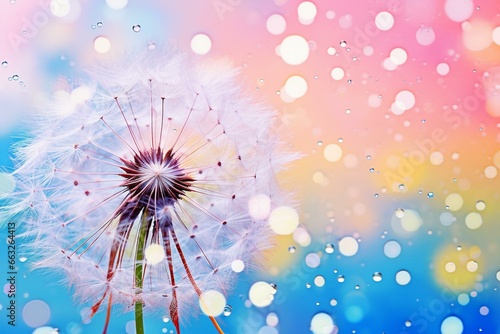 dandelion with water droplets on petals, blue and pink-yellow background. Generative AI