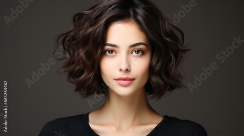 beauty brunette woman model with short hair with natural makeup perfect clean skin