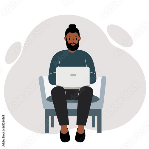 A man sits in a chair with a laptop. Vector