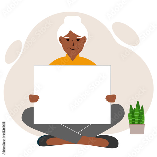 A woman sits cross-legged and holds a large white sheet with space for text. Advertising, poster, information, announcement.