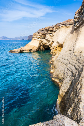 View of beautiful sea caves on near Pachena beach, Milos island, Cyclades, Greece