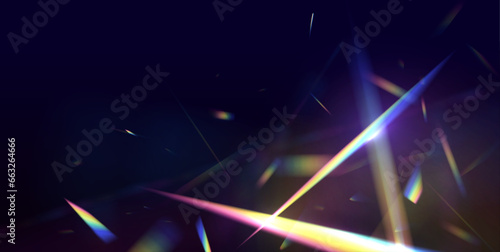 Rainbow crystal light leak flare reflection effect. Abstract refraction glow effect on black background. Transparent refraction elements. 