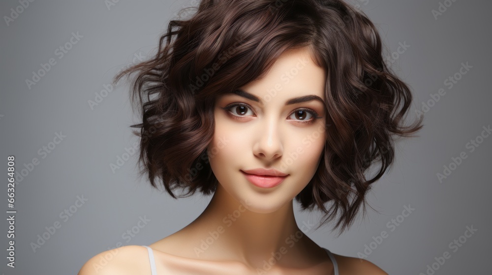 Naklejka premium beauty brunette woman model with short hair with natural makeup perfect clean skin