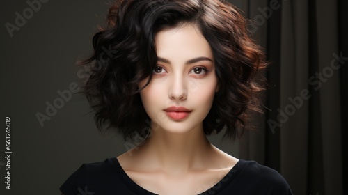 beauty brunette woman model with short hair with natural makeup perfect clean skin