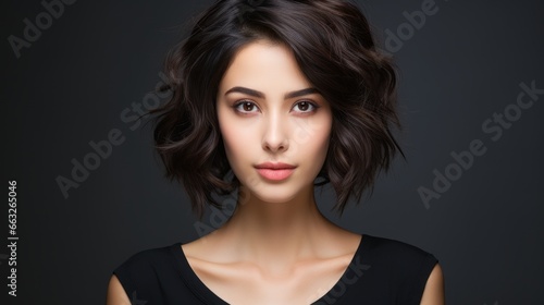 beauty brunette woman model with short hair with natural makeup perfect clean skin