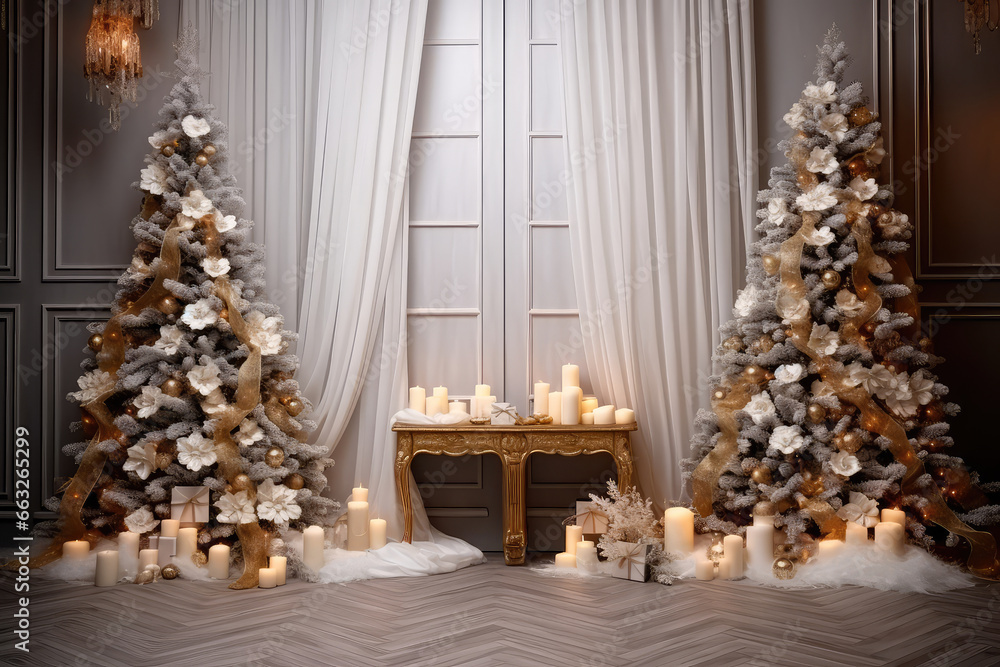 Christmas Holiday Background, Christmas table background with decorated Christmas tree and garlands. Beautiful Empty Christmas room. Generative AI