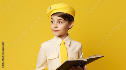 portrait of a schoolgirl isolated on yellow background  photo