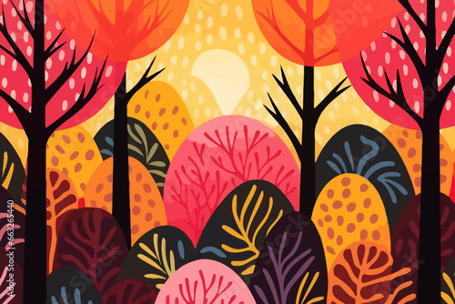 Sunlight Peeking Through Trees quirky doodle pattern, wallpaper, background, cartoon, vector, whimsical Illustration