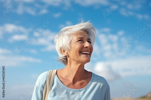 Happy elderly gray-haired woman against the blue sky.