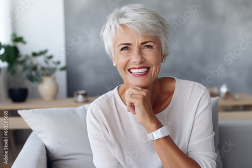 Happy elderly gray-haired woman with a beautiful smile sits on the sofa in a home environment. photo