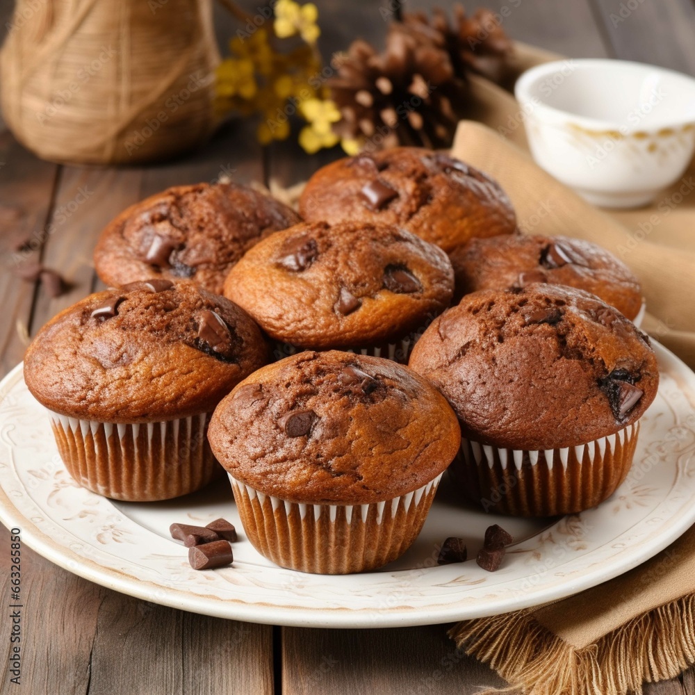 Chocolate muffins with strawberries and mint on a wooden table. Chocolate muffins with strawberries and mint on a wooden table.