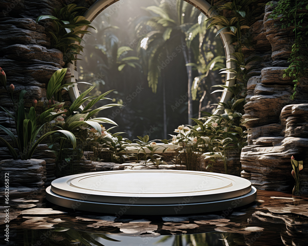 Realistic 3D podium with shadows and lighting against a green background for product promotion and advertising. Generative AI Realistic 3D podium with shadows and lighting against a green background for product promotion and advertising. Generative AI