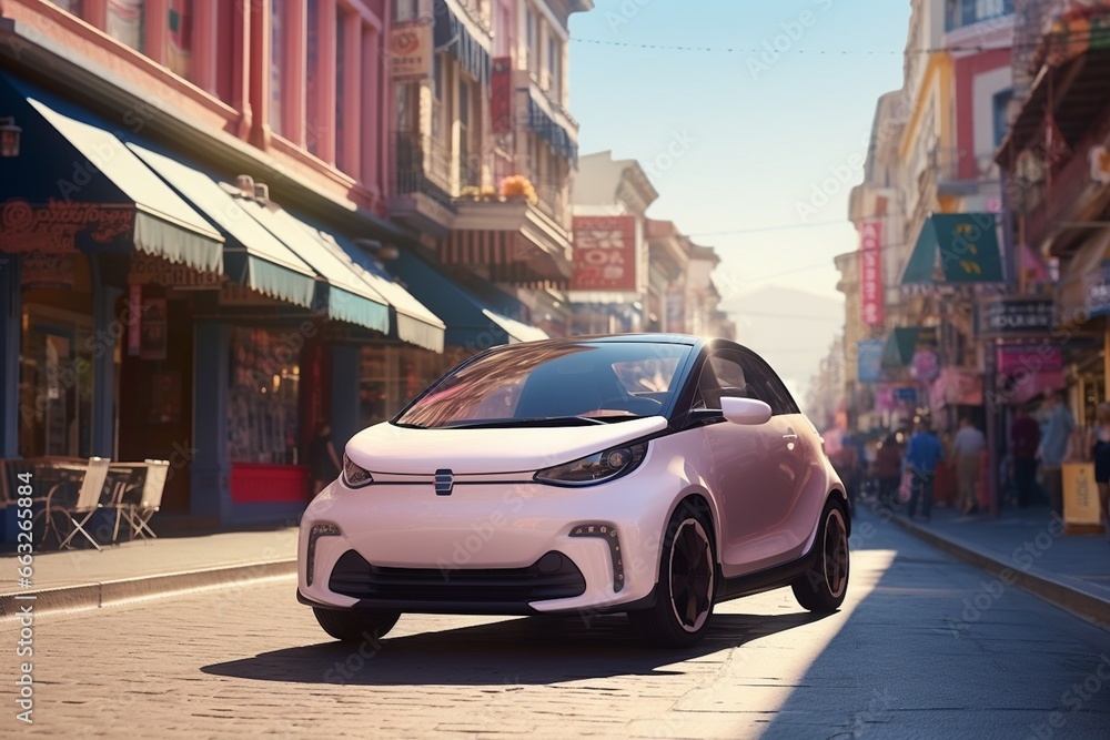 Small Compact Electric Car Navigating City Streets Created with Generative AI Small Compact Electric Car Navigating City Streets Created with Generative AI