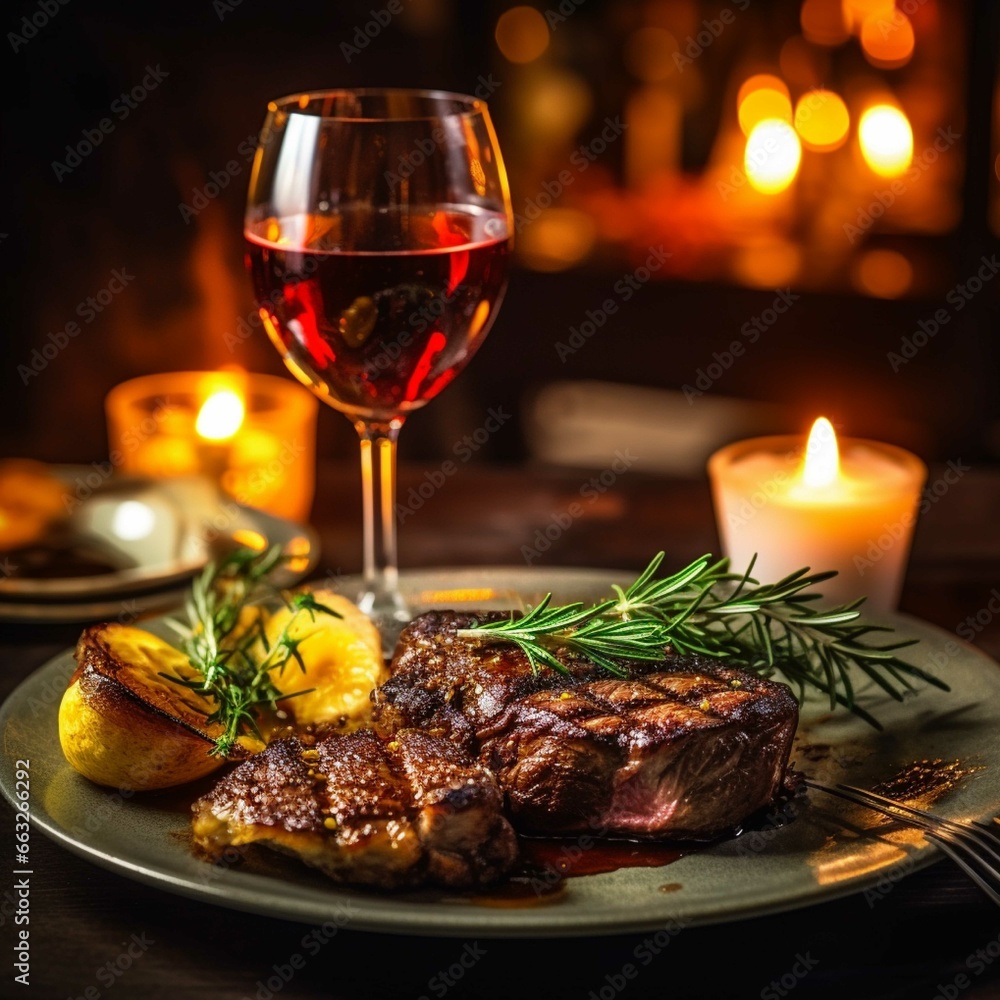 Grilled steak with rosemary and a glass of wine on a wooden table Grilled steak with rosemary and a glass of wine on a wooden table
